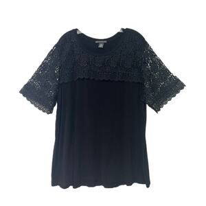 Adrianna Papell Black Knit Blouse 2XL Lace Accent Lace Sleeves Relaxed Soft